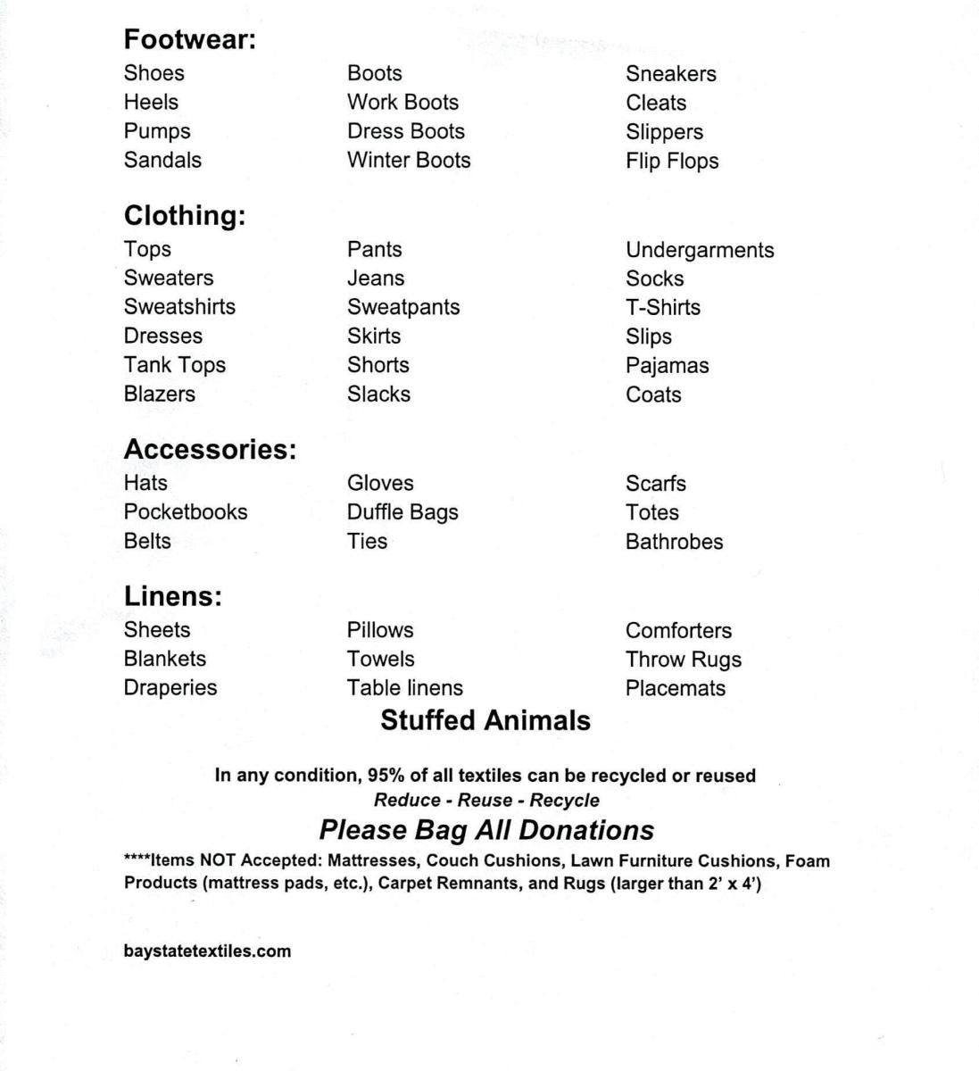 complete list of acceptable items for Bay State Textiles